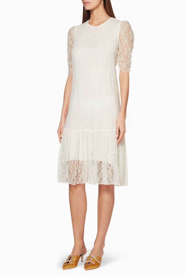

Misty-Ivory Pleated Lace Dress, Neutral