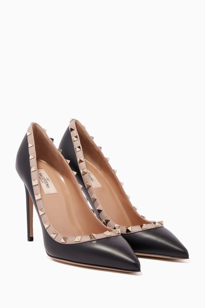 Rockstud Point-Toe Leather Pumps, Black