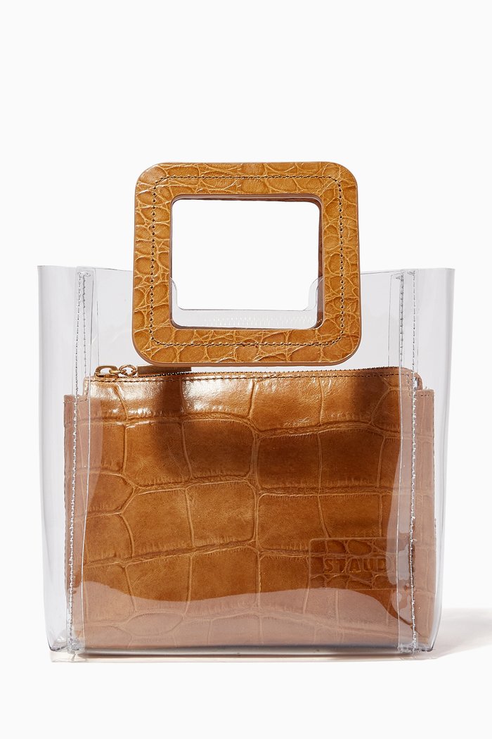 

Mini Shirley Bag in PVC & Croc Embossed Leather, Brown