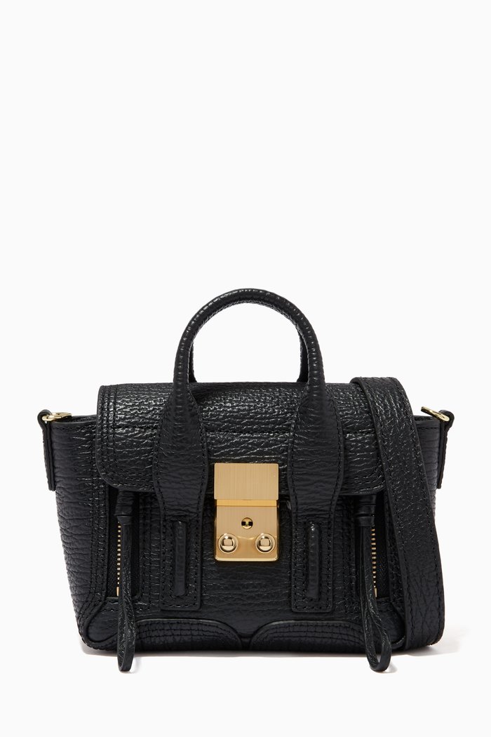 Pashli Nano Satchel Bag in Shark Embossed Leather, Black