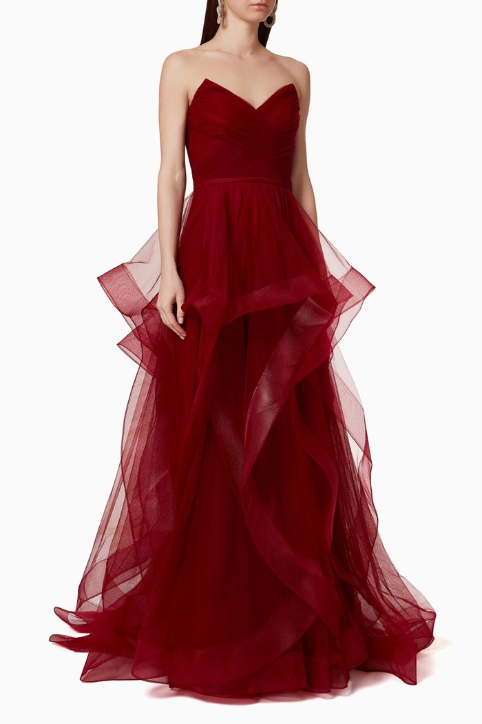 

Strapless Tulle Ruffle Gown, Burgundy