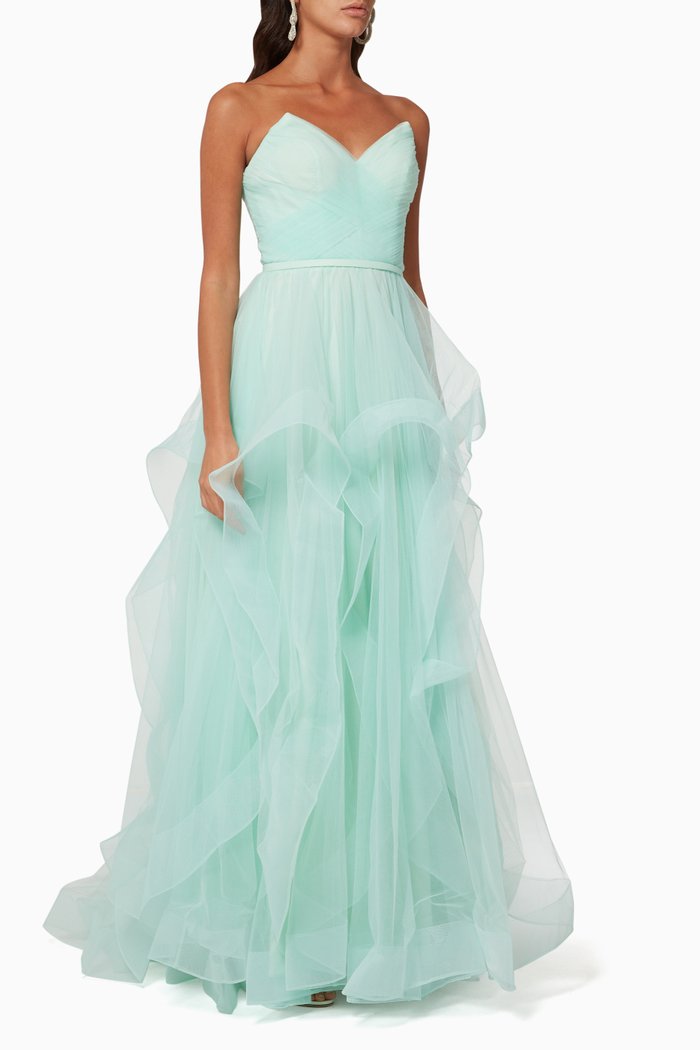 

Strapless Tulle Ruffle Gown, Blue