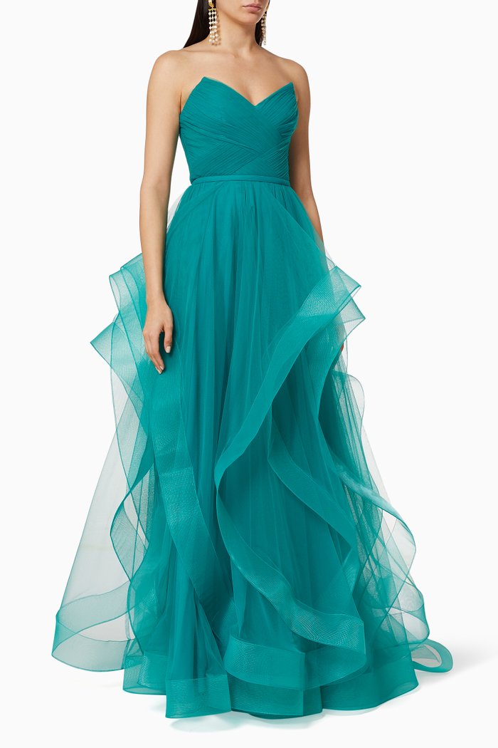 

Strapless Tulle Ruffle Gown, Green