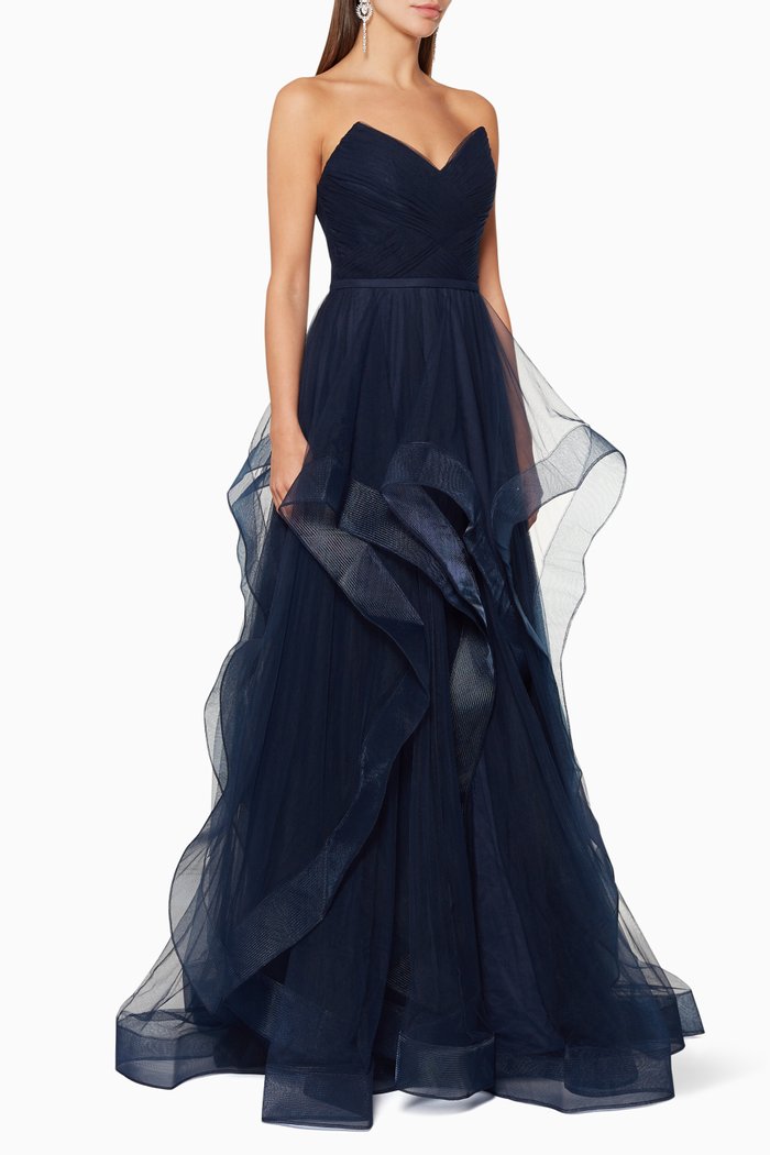 

Strapless Tulle Ruffle Gown, Blue