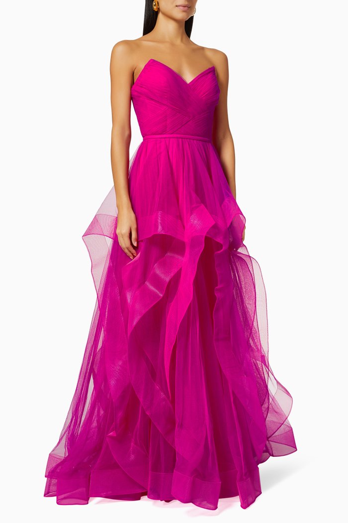 

Strapless Ruffle Gown in Tulle, Pink