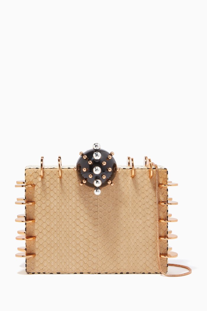 Marble-Dust Oneka Snakeskin Chain Clutch, Neutral