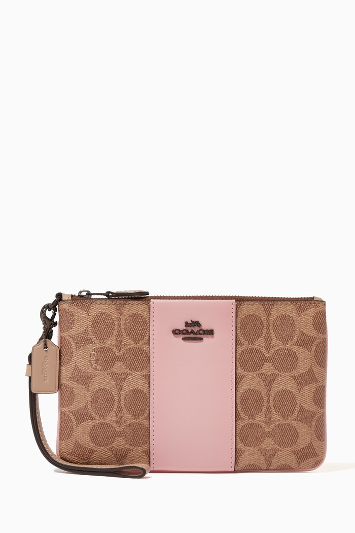 

Small Wristlet in Colourblock Signature Canvas, Brown