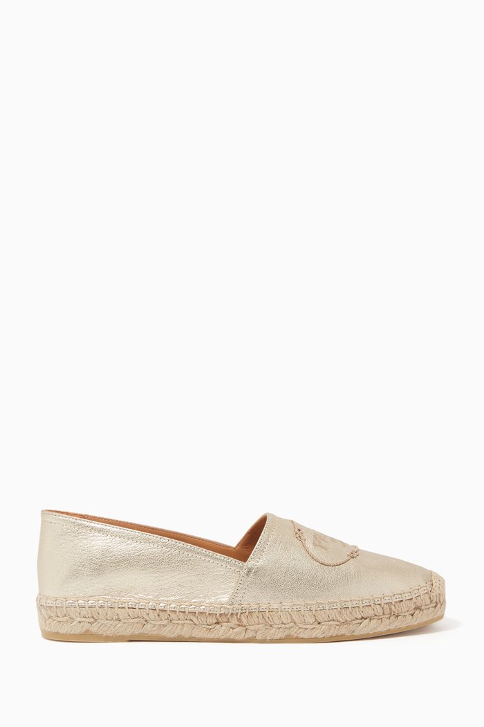 Logo Metallic Leather Espedrilles, Gold