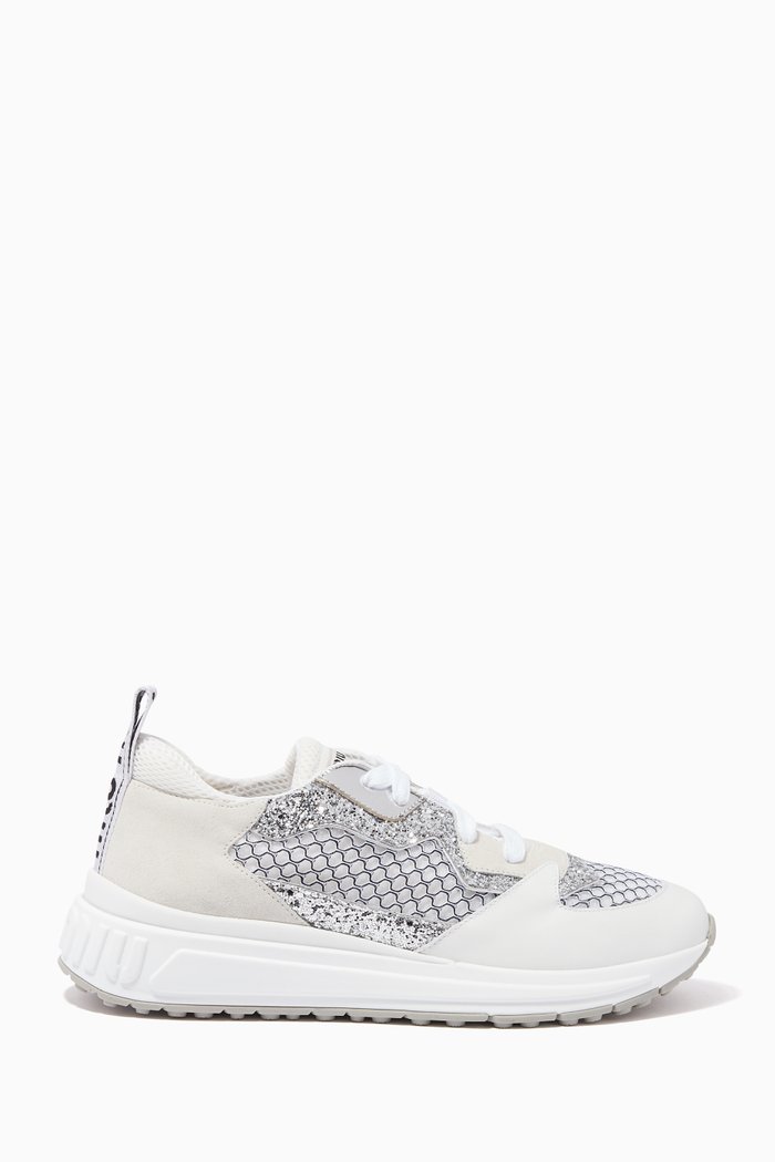 

White Glitter Mesh Lace-Up Sneakers