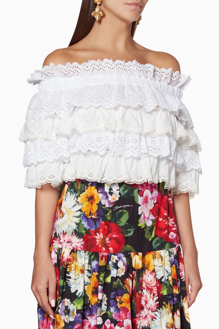 

White Ruffled Cold-Shoulder Cotton Top