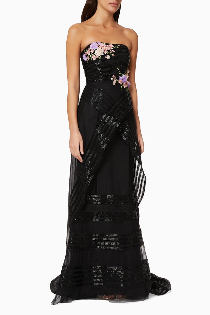 

Flower Applique Strapless Dress, Black