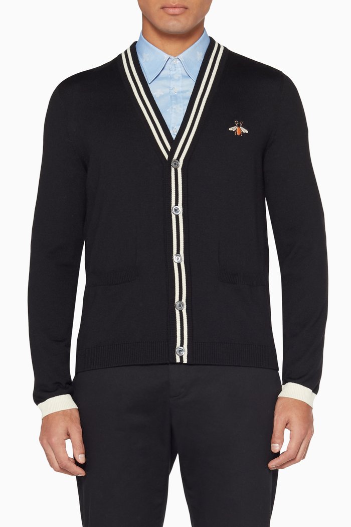 

Black Bee-Patch Wool Cardigan