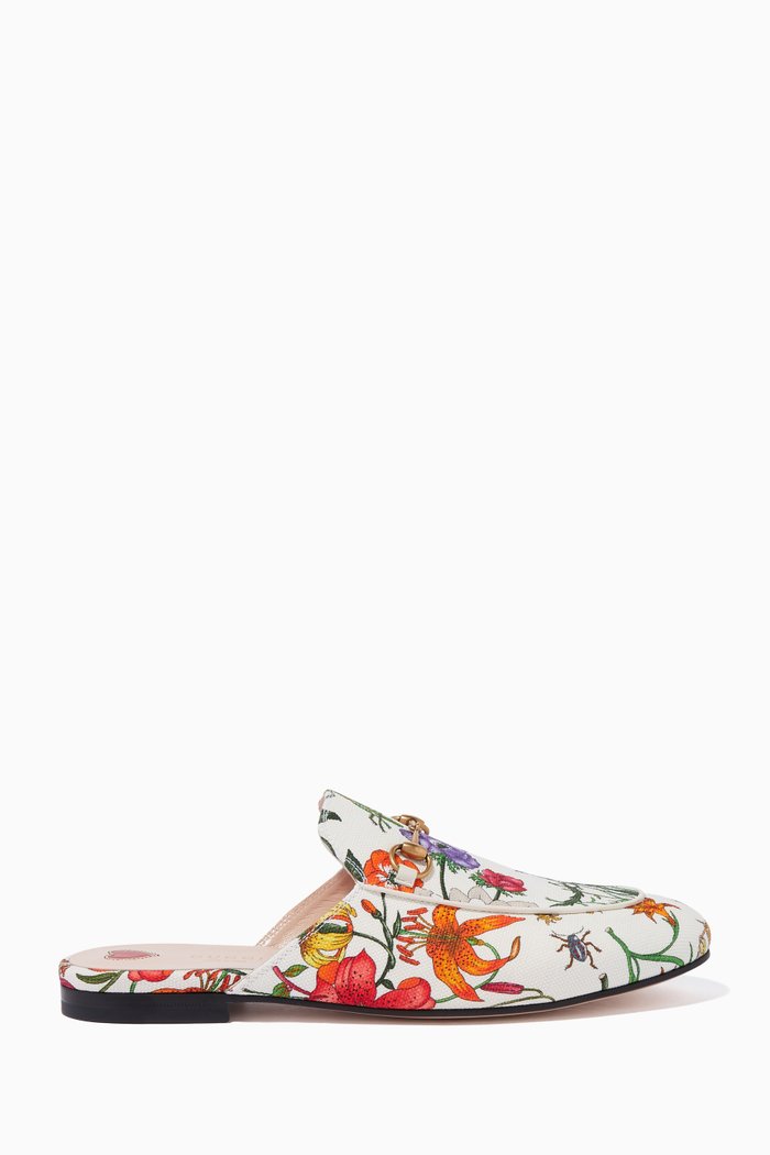 White Floral-Print Princetown Slippers