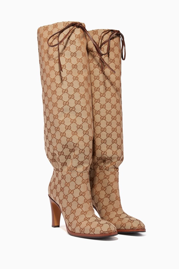 

Beige & Ebony Liza GG Canvas Boots, Brown