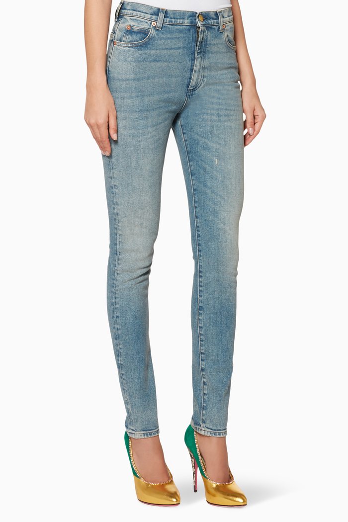 

Blue Embroidered-Patch Skinny Jeans