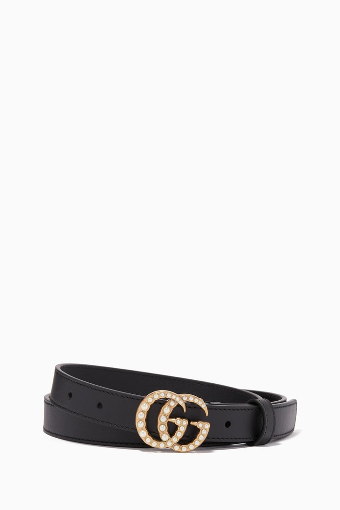 

GG Pearl Embellished Leather Belt, Black