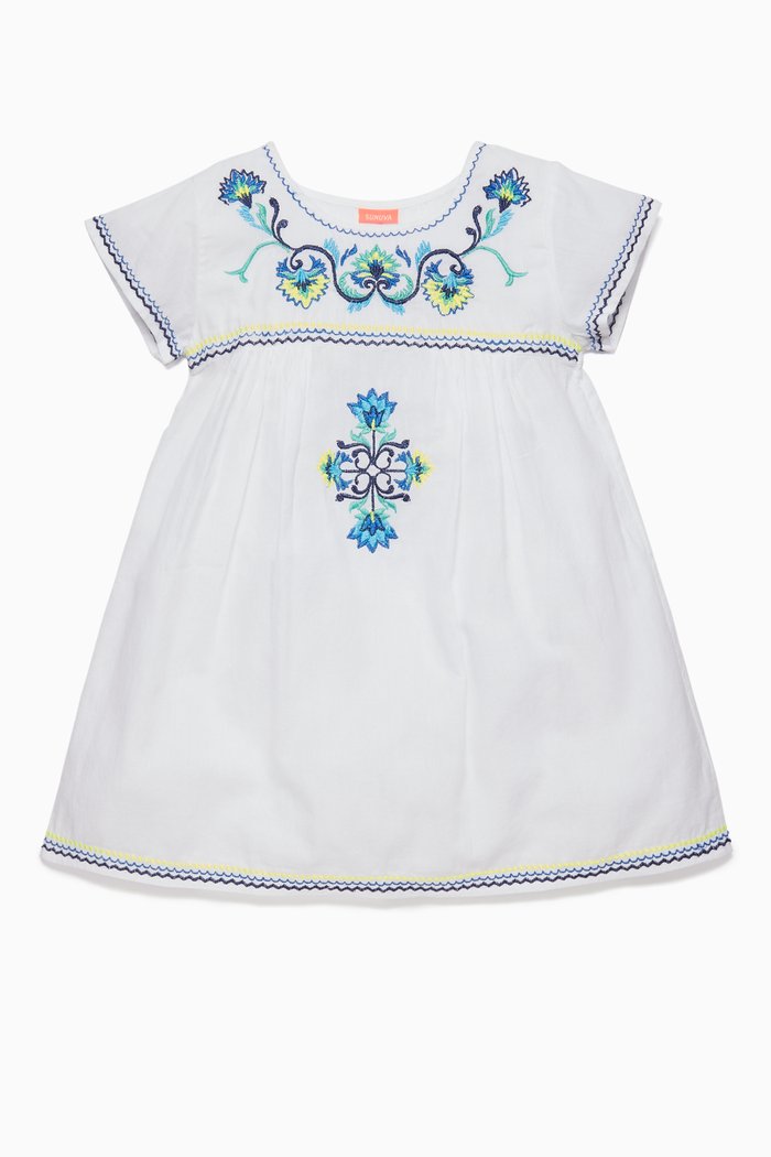 

White Peruvian Embroidered Dress, Blue