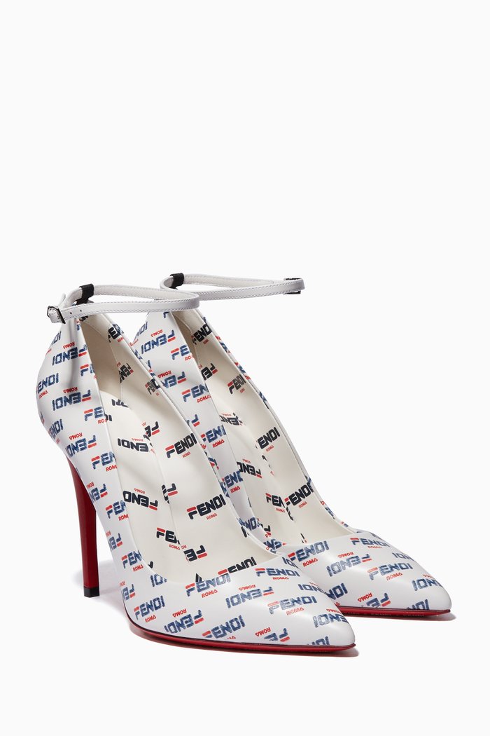 

White Ankle-Strap Logo Pumps