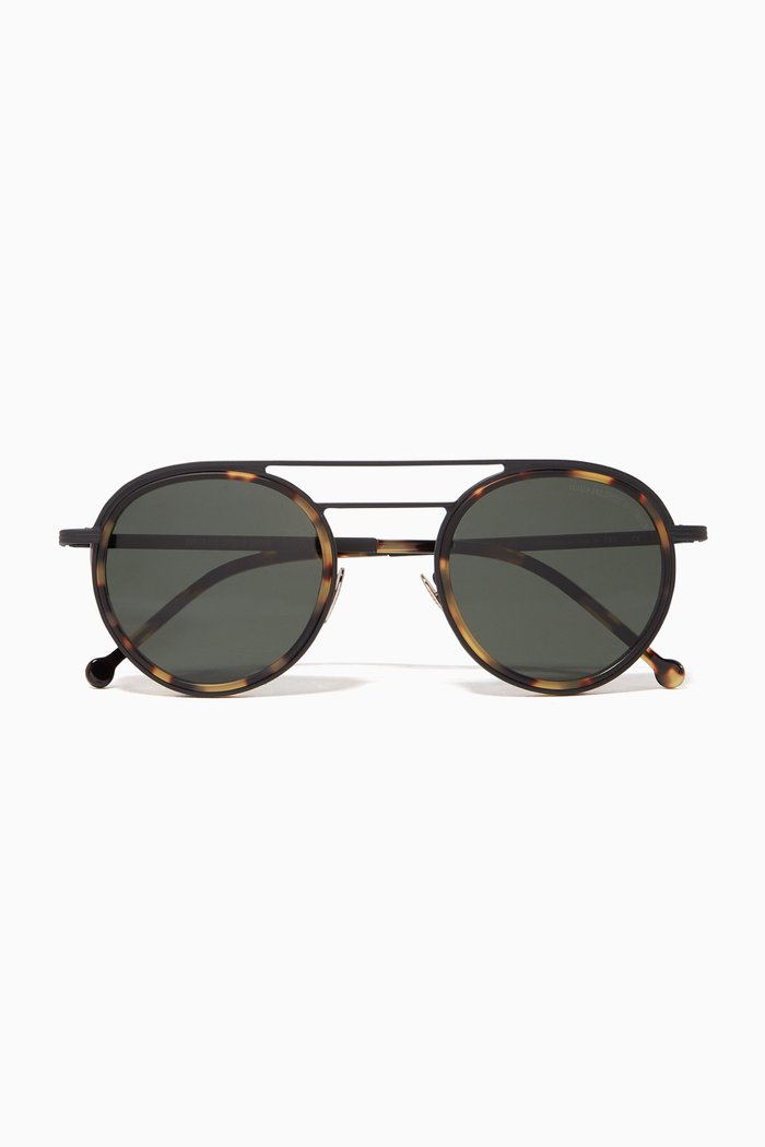

Matte Black & Camo Round Double-Bridge Acetate & Metal Sunglasses, Brown