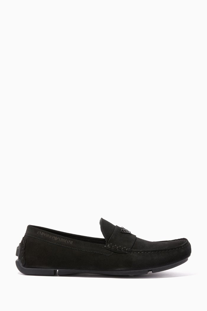 

Black Suede Logo Moccasins