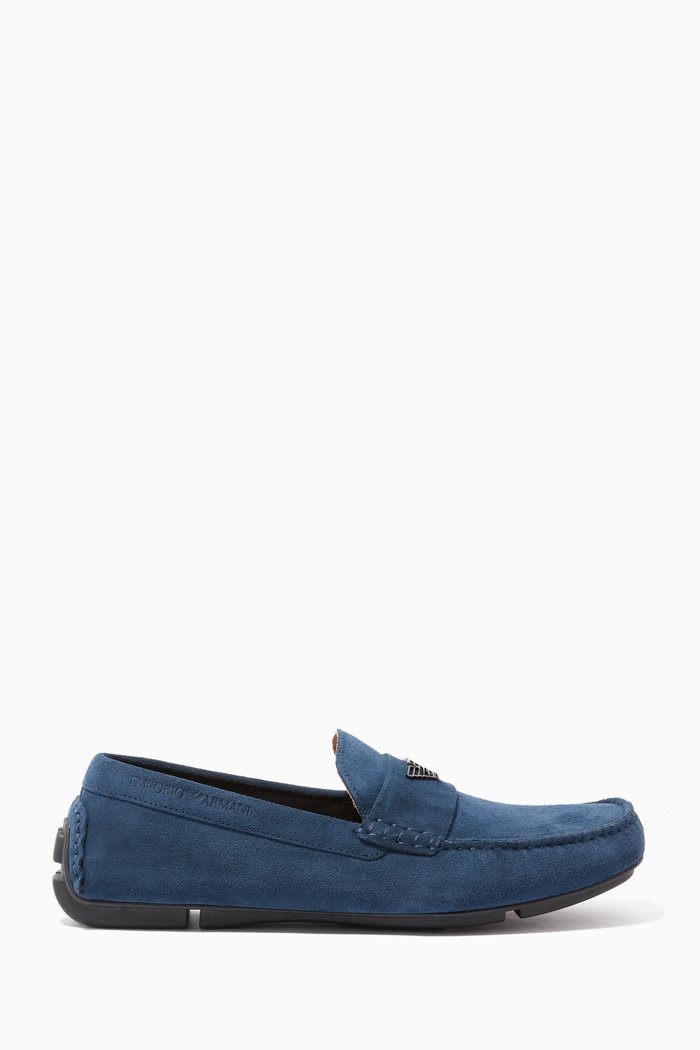 

Blue Suede Logo Moccasins