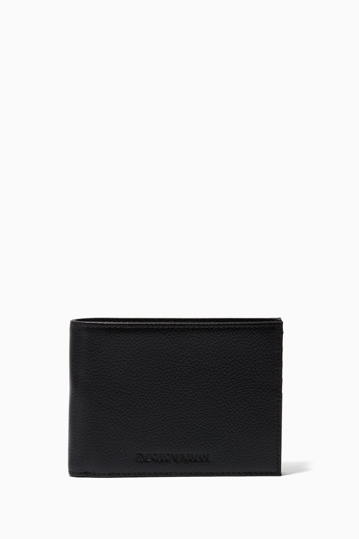 

EA Embossed Bi-Fold Wallet in Grained Leather, Black