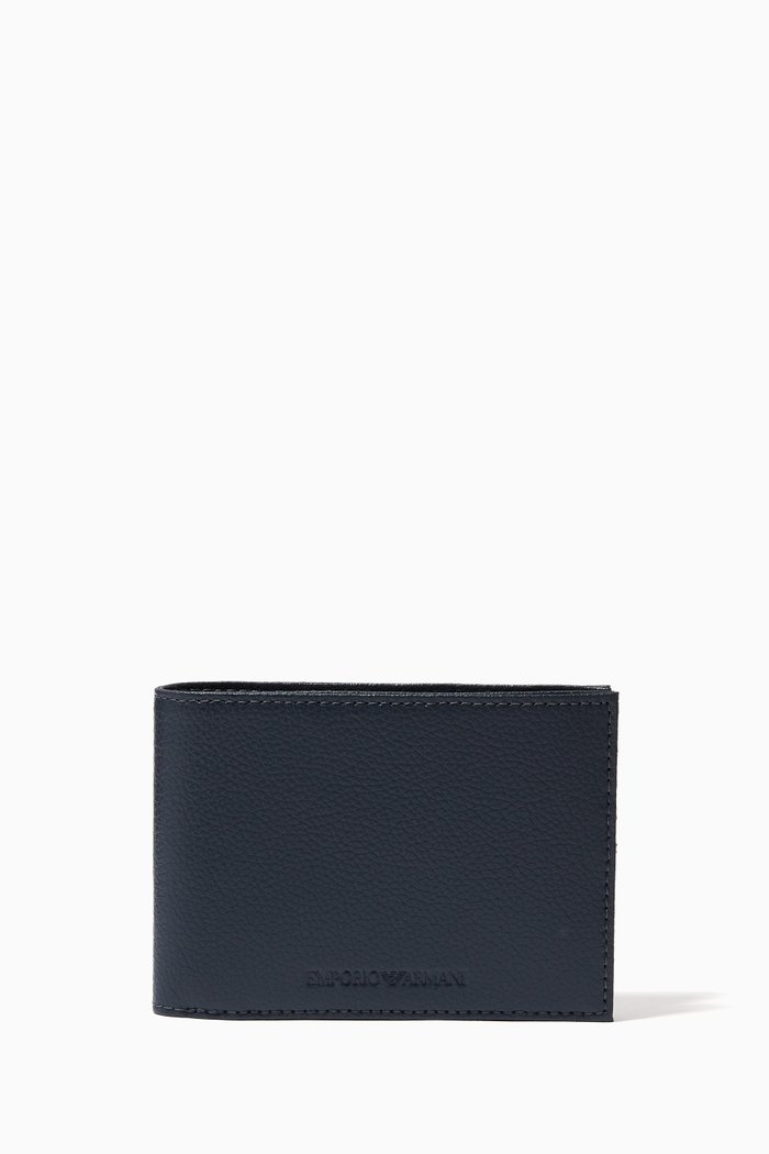 

EA Embossed Bi-Fold Wallet in Grained Leather, Blue