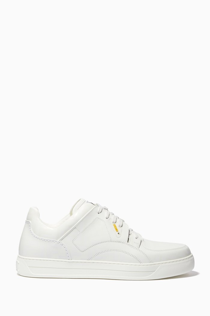 

White FF Logo Low-Top Leather Sneakers, Neutral