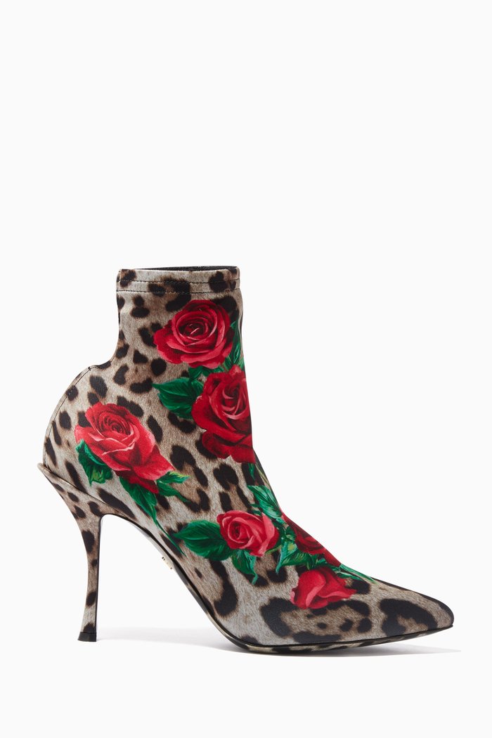 

Multi-Coloured Leopard & Rose-Print Stretch Booties, Multicolour