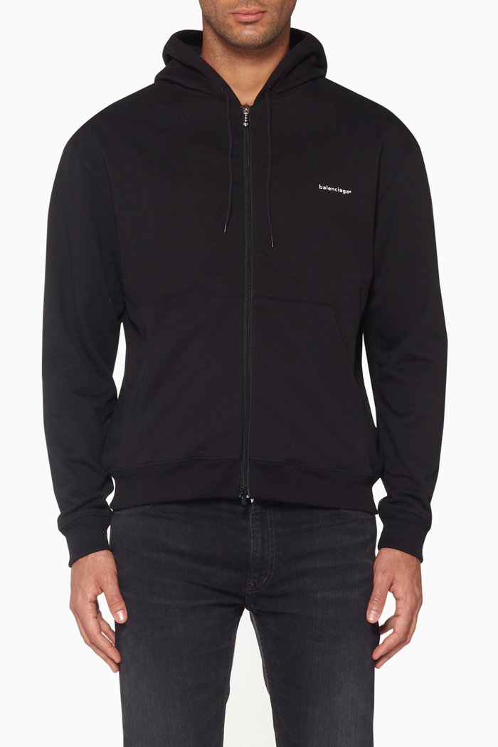 

Black Logo Print Zip-Up Cotton Hoodie