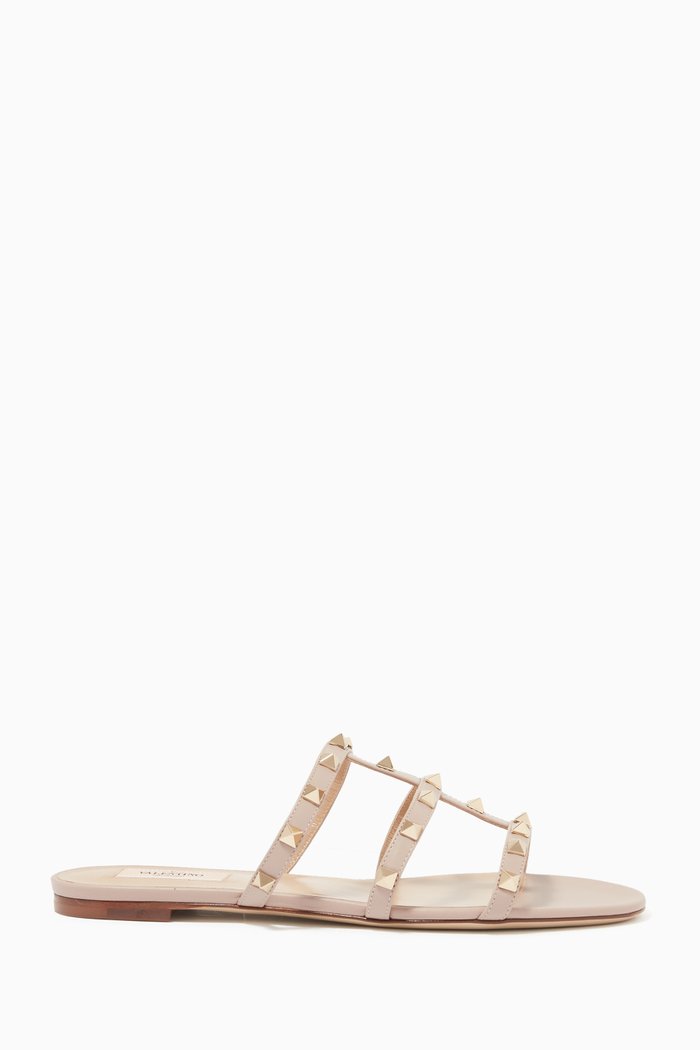 Valentino Garavani Rockstud Slides in Smooth Leather, Neutral