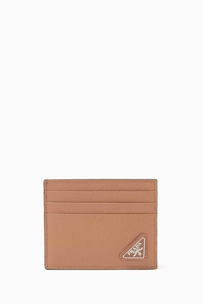 

Triangle Logo Card Holder in Saffiano Leather, Neutral