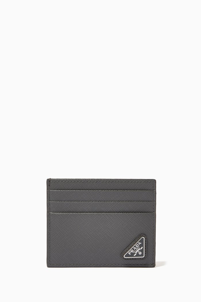 

Triangle Logo Card Holder in Saffiano Leather, Grey