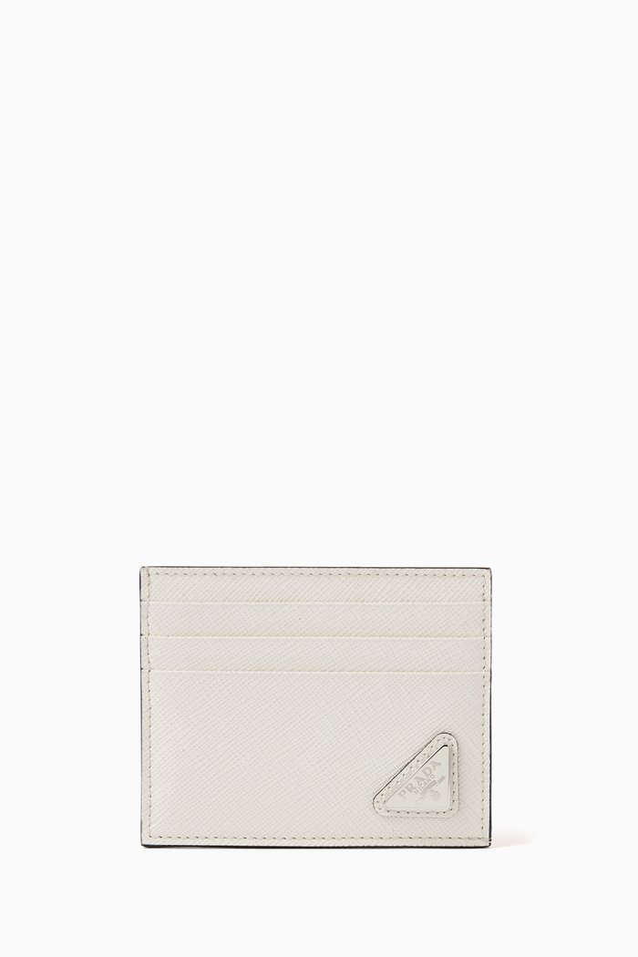 

Triangle Logo Card Holder in Saffiano Leather, White