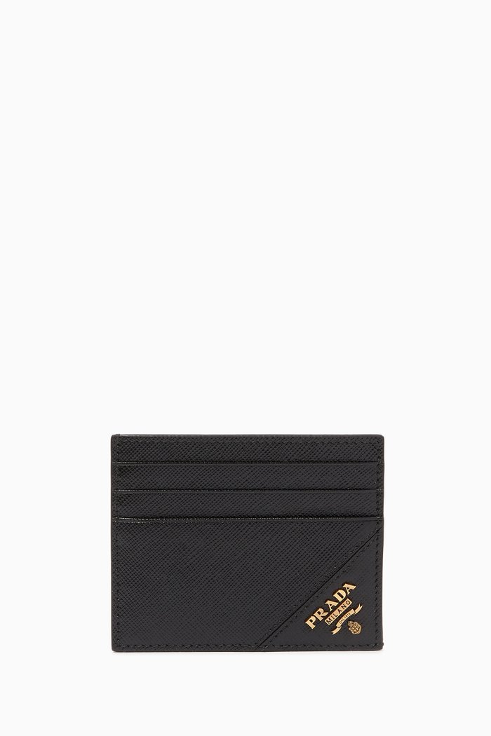 

Metal Logo Card Holder in Saffiano Leather, Black