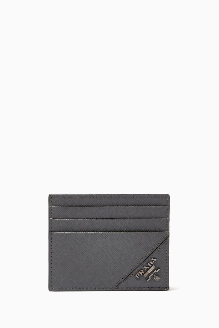 

Metal Logo Card Holder in Saffiano Leather, Grey