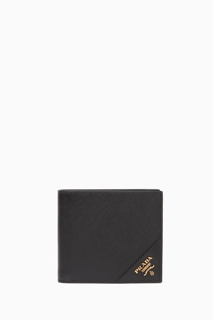 Metal Logo Wallet in Saffiano Leather, Black