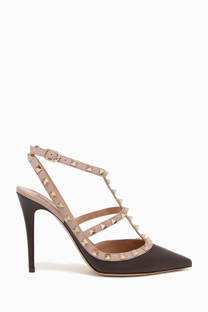 

Valentino Garavani Rockstud 100 Ankle Strap Pumps in Leather, Brown
