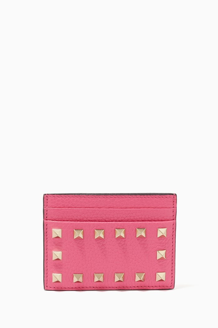 

Valentino Garavani Rockstud Card Holder in Grainy Leather, Pink