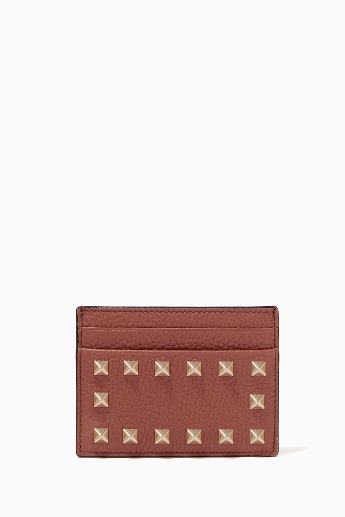 

Valentino Garavan Rockstud Card Holder in Grainy Leather, Neutral