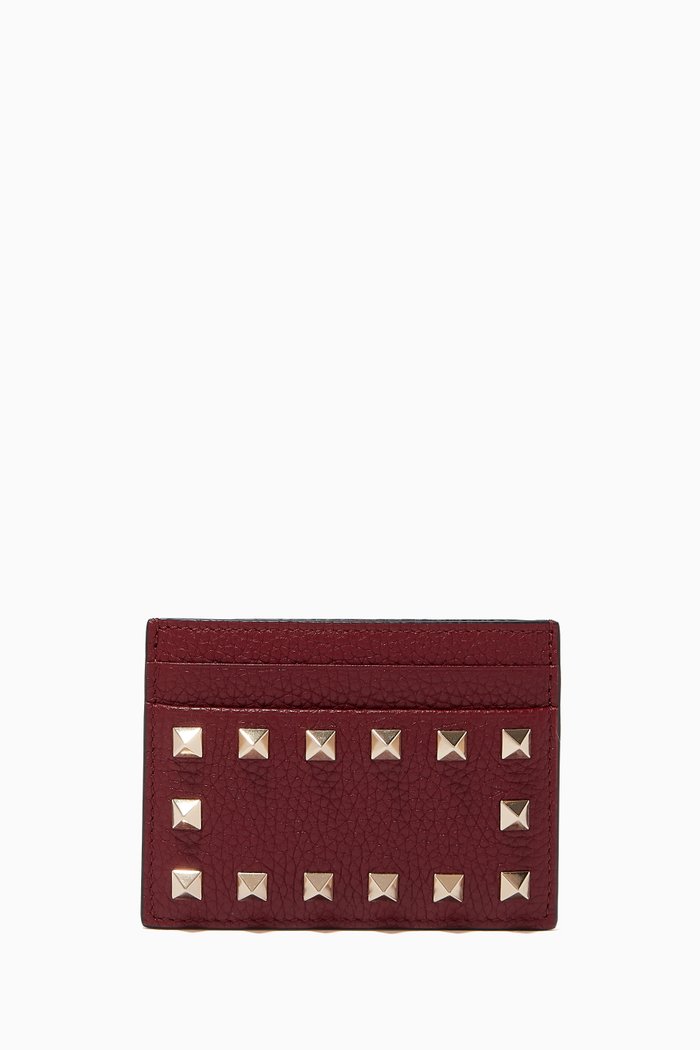 

Rockstud Card Holder in Grainy Leather, Red