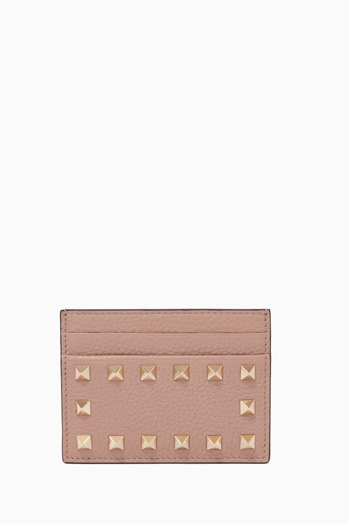 

Valentino Garavani Rockstud Card Holder in Grainy Leather, Neutral