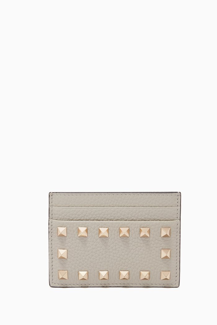 

Rockstud Card Holder in Grainy Leather, Grey