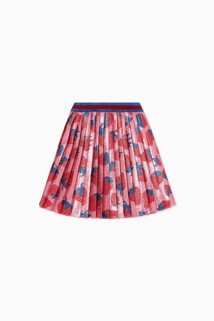 

Strawberry-Print Lame Pleated Skirt, Red