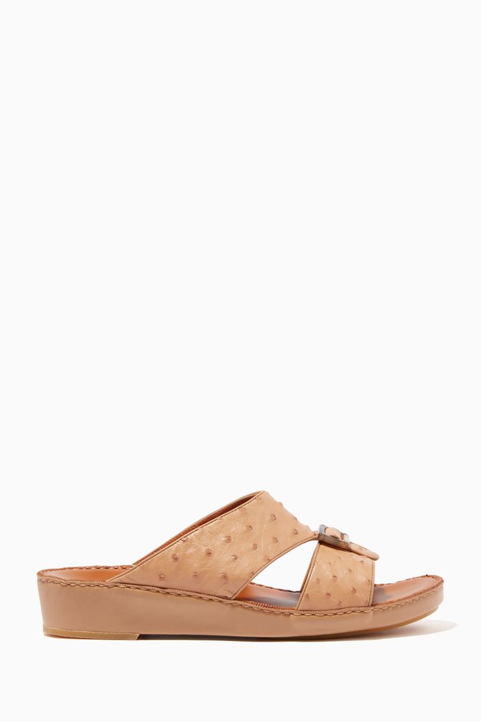 Natural-Cappucino Ostrich Leather Quadratura Sandals, Neutral