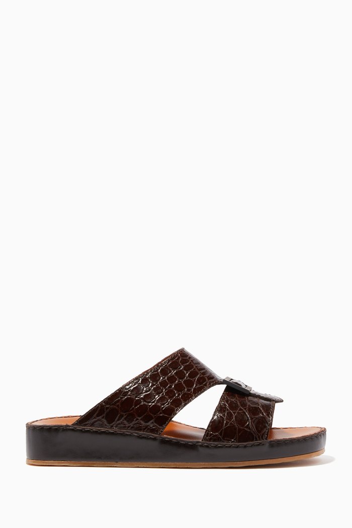 Brown Crocodile Inclinato Quadratura Sandals