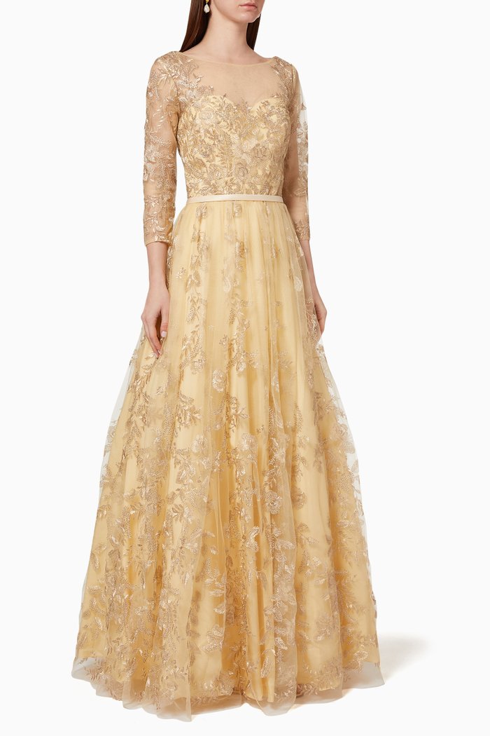 

Leaf Motif Tulle Dress, Gold