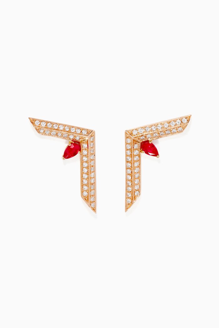 

Phoenician Script Ruby & Diamond Earrings, Rose gold