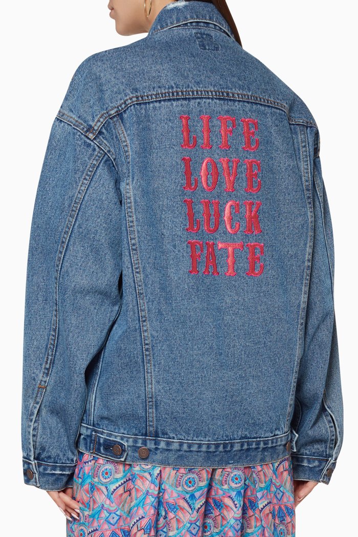 

Life Love Luck Fate Embroidered Denim Jacket, Blue