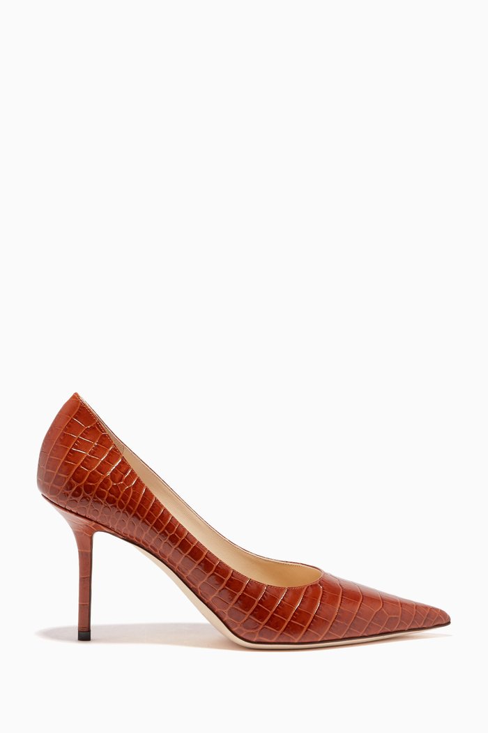 

Love Crocodile-Embossed Leather Pumps, Brown